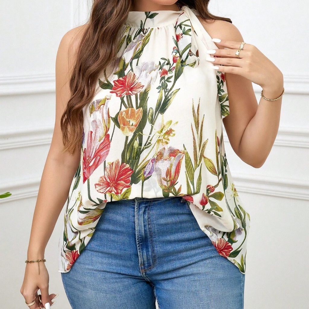 Plus Floral Print Halter Tie Neck Tank Top